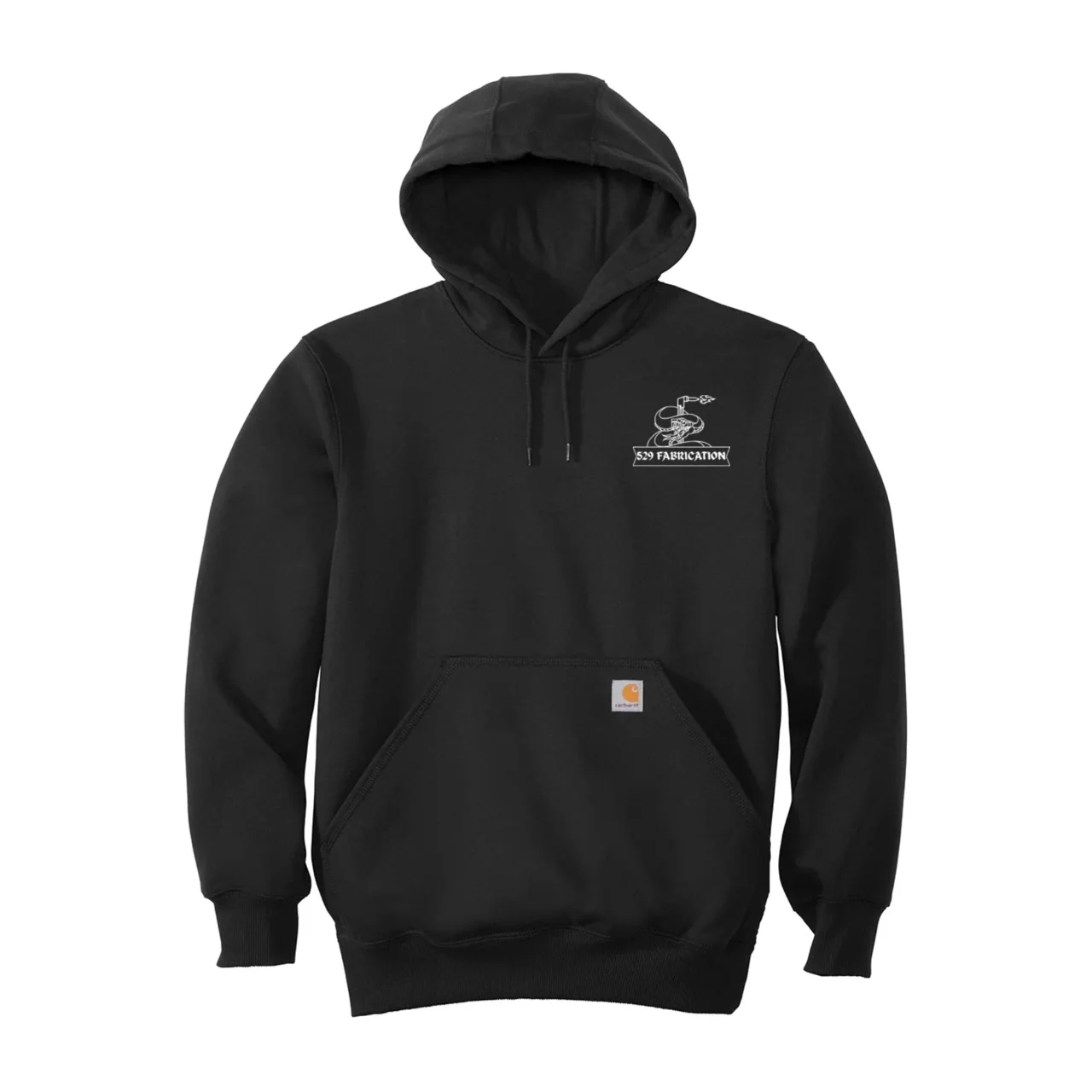 Black Carhartt X 529 Fab hoodie with a small white chest logo and front pouch pocket